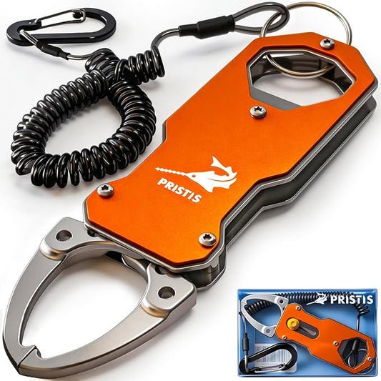 Pristis Pocket Fish Lip Gripper, Small Fly Fishing Mouth Grabber with Coiled Lanyard, Lightweight Aluminum Mini Grab Grip Tool Tackle, Hook Remover Holder Freshwater Saltwater, Catch & Release Kit