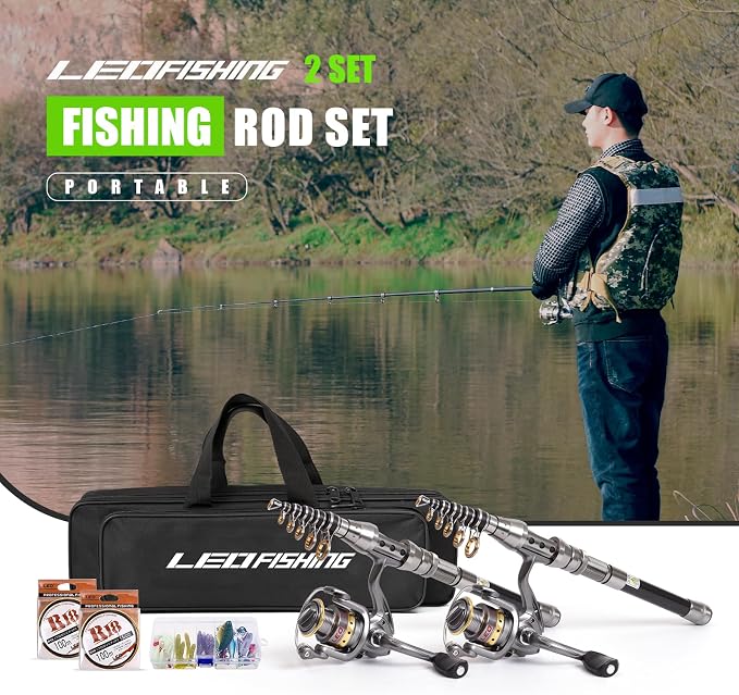 2Pcs Telespoic Fishing Rod and Reel Combos with Spinning Reel and Necessary Lure Accessories Portable Carrier Bag for Saltwater Freshwater