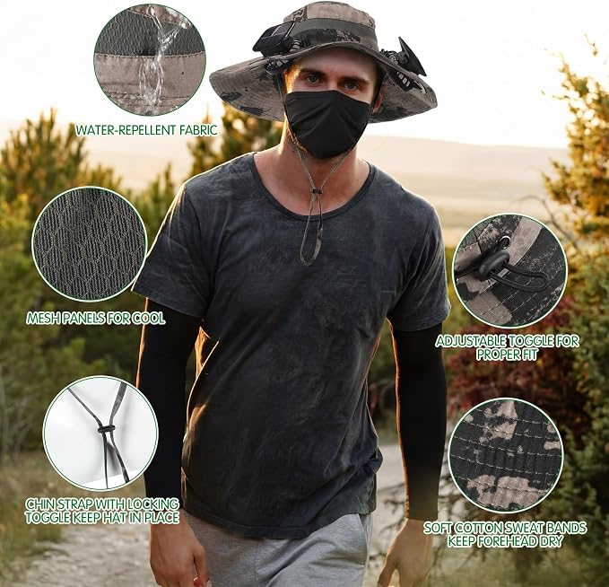 Syhood Solar Powered Fan Hat Neck Gaiter Arm Sleeves Sun Bucket Hat with Fan Cooling Wide Brim Hats for Fishing Hiking
