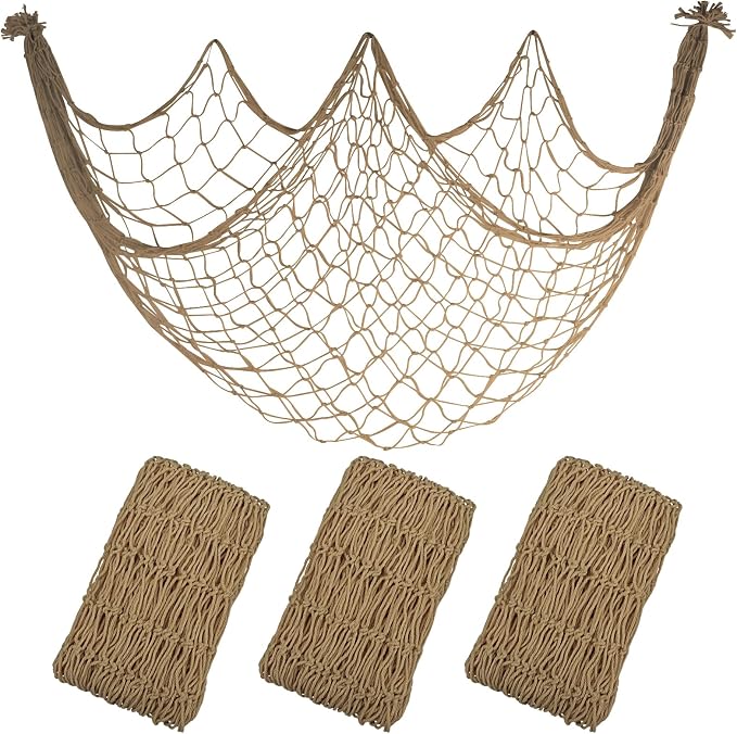 3 Pack Fish Net Decorations - 80x40'' Brown Decorative Fishing Nets Wall Decor Table Runner Ceiling Net, 3mm Natural Cotton Fish Netting for Pirate Under The Sea Nautical Beach Theme Party Decorations