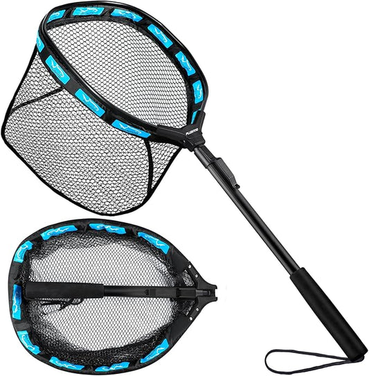 PLUSINNO Fishing Net Fish Floating Landing Net, Kayak Nets with Fixed Foldable Telescopic Pole Handle, Bass Trout Fishing Nets with Nylon Mesh for Pond Lake River, Fishing Gear Gifts for Men Anglers