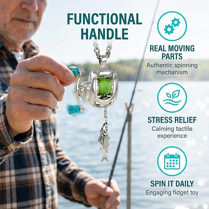 Fishing Reel Necklace, Mini Fishing Reel Necklace with Rotating Handle & Moving Line Guide, Unique Fishing Gear Keychain Spinning Reel Key Holder