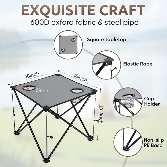 HaSteeL Folding Beach Chair Set of 3, Foldable Black Camping Chairs & Grey Table for Outside, Low Beach Chair Portable for Adults Fishing, Picnic, Outdoor BBQ, Cup Holder & Storage Bag