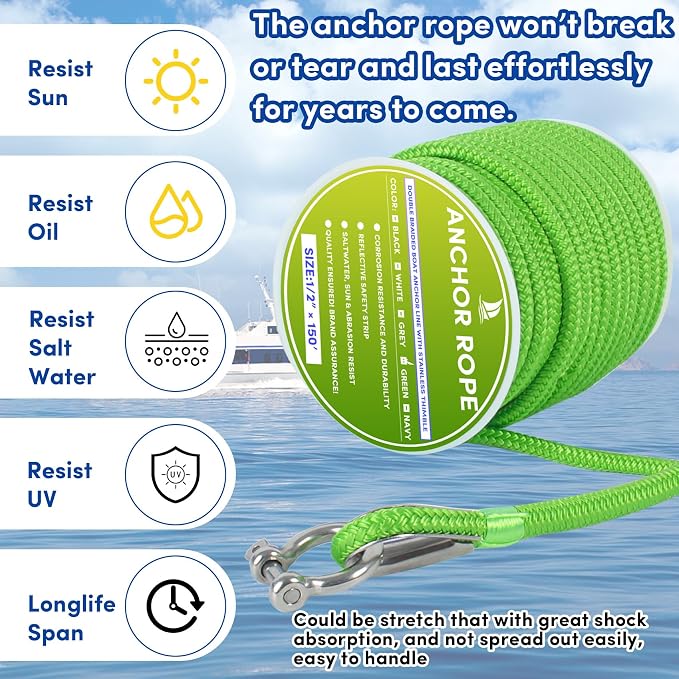 Boat Anchor Rope 150 ft x 1/2 inch Grass Green, Double Braided Anchor Line with Stainless Steel Thimble & Shackle, Marine Rope Ideal for Towing, Mooring, Decks, Anchoring, for Boats Up to 35'