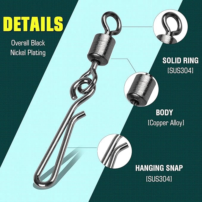 AMYSPORTS Rolling Connector Fishing Swivel Saltwater Corrosion Resistance Snap Swivels Kit Stainless Quick Fishing Snap Barrel Freshwater Trolling Accessories