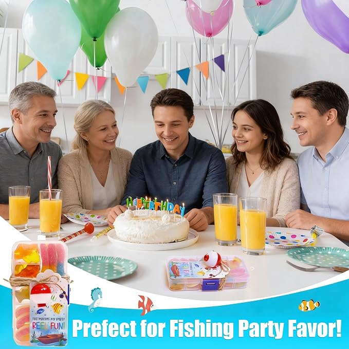 12 Set Fishing Candy Little Tackle Boxes for Birthday Party Favors with 12 Fishing Bobber 12 Thank You Cards for Making My Party Reel Fun Gone Fishing Theme Supplies Fishing Decorations (12)