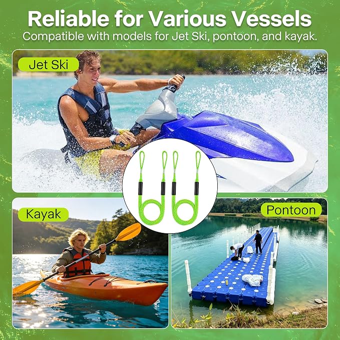 Boat Bungee Dock Lines, Scratch-Free Loop Ends Mooring Rope, Shock Absorbing Pontoon Tie Down Accessories Compatible with Models for Jet Ski（6ft-2 Pack-Green）