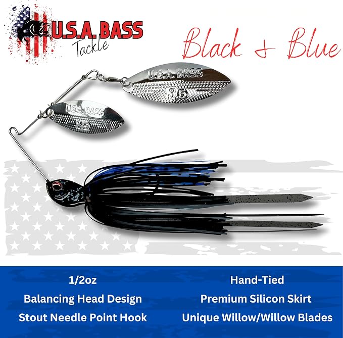 USA BASS Tackle Apache Attack Spinnerbait Type II Largemouth Smallmouth Spotted Bass Premium Fishing Bait Handtied Skirt Custom Blades Heavy Duty Hook New for 2025