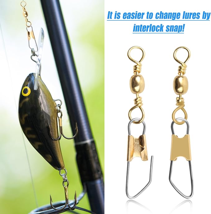 AGOOL Fishing Swivels Snaps, 60/120pcs Barrel Swivels with Nice Snaps Gold High Strength Solid Rings Line Lures Connector Fishing Tackle Accessories