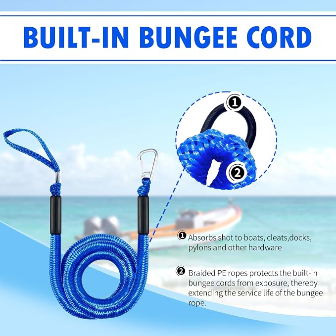Single Hook Bungee Dock Lines – Heavy-Duty Elastic Mooring Ropes for Boats, PWCs & Kayaks | Adjustable PVC Sleeve | 316 Stainless Steel Clip (1, Blue, 14 Feet)