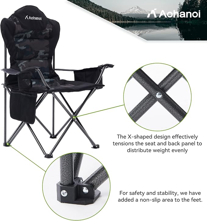 Aohanoi 2 Pack Camping Chairs for Heavy People,Outdoor Folding Camp Chairs for Adults with Cup Holder & Cooler Bag for Outside,Outdoor Lawn Chairs Supports Up to 400lbs