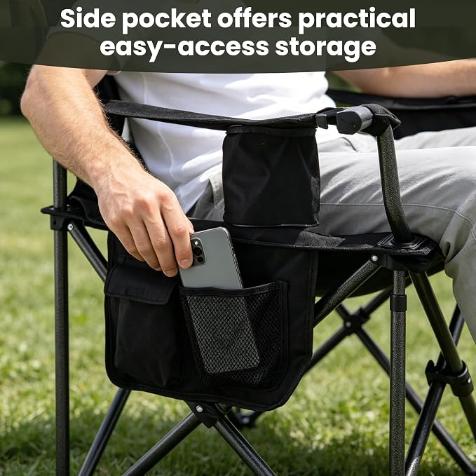 Oversized Camping Chairs for Adults 2 Pack Heavy Duty 450LBS Thick 600D Oxford Fabric Outdoor Folding Camping Chairs with Cup Holder and Ice Bag for Sports, Fishing, Lawn (Black & Light Gray)