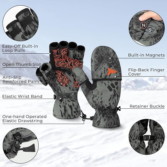 KastKing PolarBlast Convertible Ice Fishing Gloves Cold Weather Mittens and Fingerless Gloves with 3M Thinsulate Ideal for Ice Fishing, Photography