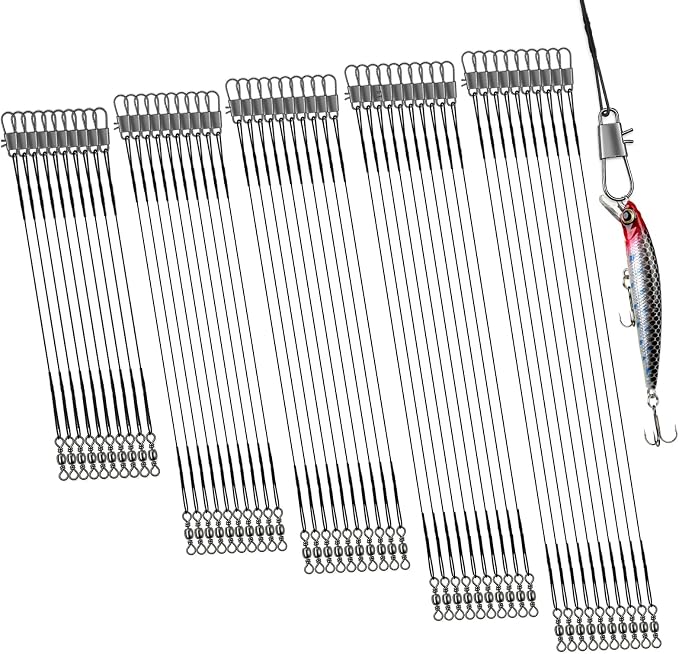 DONQL 50pcs Fishing Leaders, Stainless Steel Fishing Wire Traces Pike Fishing, 10/15/20/25/30cm Anti-Bite Fishing Wire Trace Leaders with Rolling Swivels and Snaps for Bait Rigs Saltwater