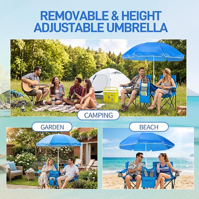 Heavy Duty Double Folding Camping Chair with Removable Adjustable Umbrella, 2 Person XL Beach Chair with Built-in Cooler Bag, Cup Holders & Side Pocket, Portable 529lbs Capacity, Blue