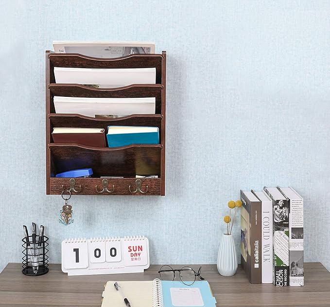 PAG 5-Tier Wall File Holder Hanging Mail Organizer Wood Magazine Literature Rack with 6 Hooks, Brown