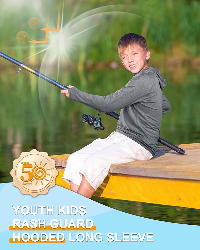 Roadbox Boys Rash Guard Hooded Fishing Shirt, Kids UPF 50+ Long Sleeve Sun Hoodie, Youth UV Protection Beach Swim Shirts