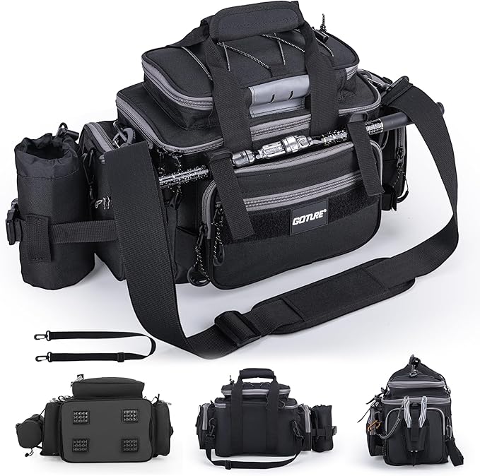 Goture Fishing Tackle Bag, 600D Water-Resistant Soft Side Crossbody Sling Bag with Rod Holder,Small Gear Storage Tactical Bags for Saltwater & Freshwater,Fits 4 3600 Tackle Boxes (Not Included)