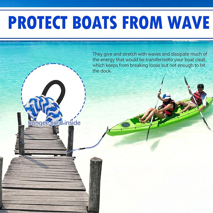 Boat Bungee Dock Lines – Adjustable Boat Tie Downs for Pontoon, Jet Ski, PWC, Kayak | Single Hook Small Cruiser Mooring Lines | (2, Blue & White, 3 Feet)
