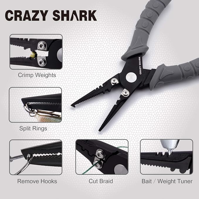 Fishing Pliers, Stainless Steel Fishing Tools, Saltwater Resistant Fishing Gear, Tungsten Carbide Cutters, Split Ring Pliers, Hook Remover with Coiled Lanyard and Sheath