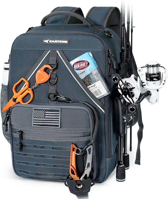 KastKing KarryAll KastMate Fishing Tackle Backpack,Water-Resistant Tackle Bag With 2 Rod Holders,Fishing Gear and Equipment With Large Gear Storage,Dark Gray
