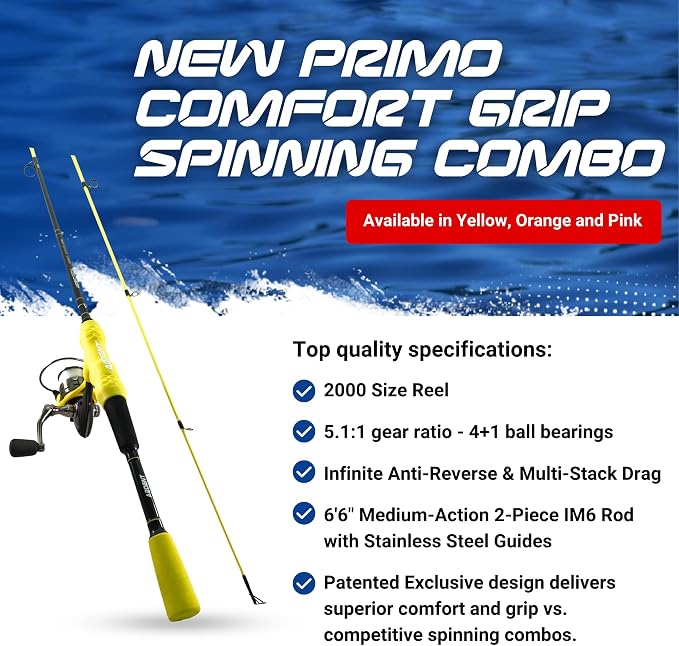 Ardent Primo Comfort Grip Fishing Rod and Reel Combo, Yellow, 5.1:1 Gear Ratio and 4+1 Ball Bearings, 2000 Size Reels, Reduce Hand Fatigue and Irritation, Spinning Pole for Freshwater Fish