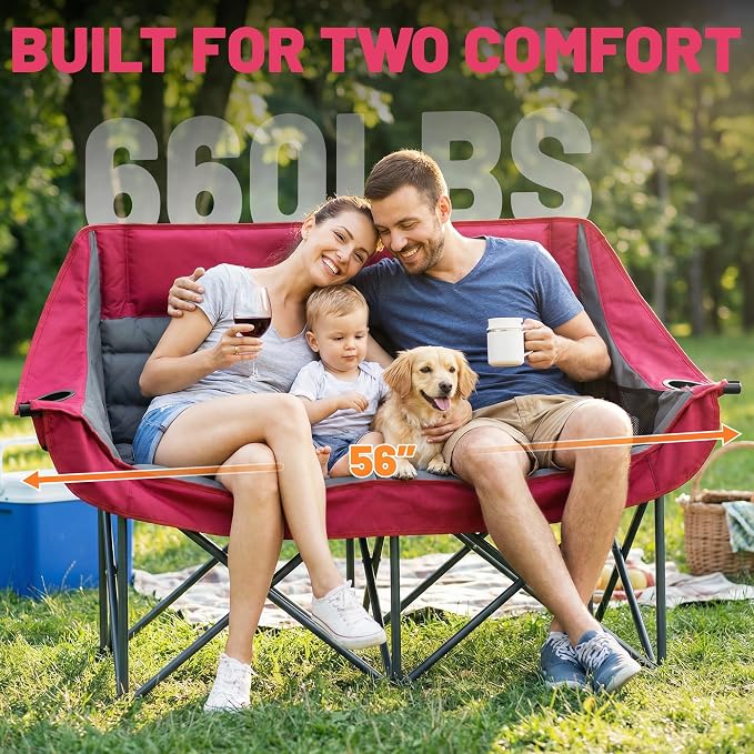 Youtanic Oversized Extra Large Double Padded Camping Chair up to 660lbs, Folding Loveseat Camp Couch with Pocket, Carry Bag, Portable Camping Chairs for Adults, Fishing, Sports, Trip, Red