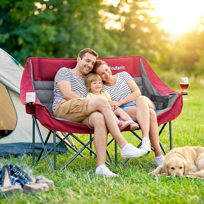 Youtanic Oversized Extra Large Double Padded Camping Chair up to 660lbs, Folding Loveseat Camp Couch with Pocket, Carry Bag, Portable Camping Chairs for Adults, Fishing, Sports, Trip, Red