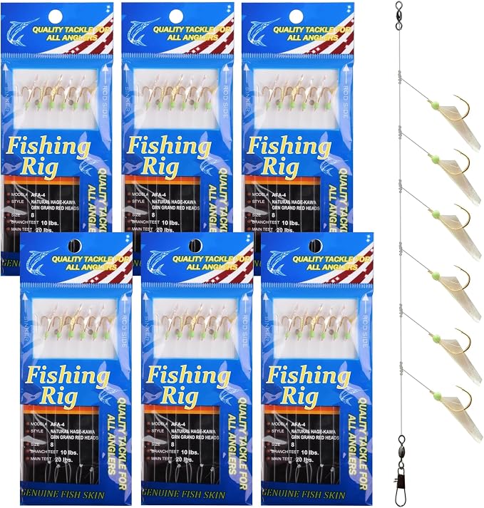 OROOTL Fishing Bait Rigs Saltwater, 6 Packs Surf Fishing Rigs with Sharp Hooks Fish Skin Feather Swivel Snap Glow Saltwater Lures Sea Bass Cod Herring Hook Rig Size 4 6 8