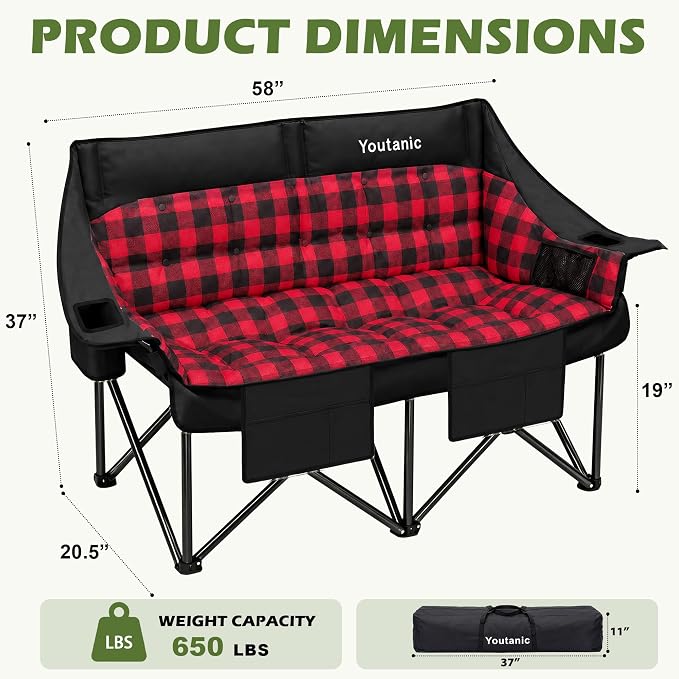 Youtanic Double Camping Chair, Heavy Duty 650lbs Padded Loveseat for Adults, Folding 2 Person Camp Couch with Cup Holder & Carry Bag, Wide Plaid Portable Lawn Seat for Outdoor Beach Sports, Red-Black
