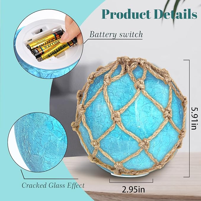 5.91" Blue Glass Fishing Float Night Light,Cracked Glass Ball, Battery Powered Nautical Coastal Decor Beach Bathroom Decor (Blue)