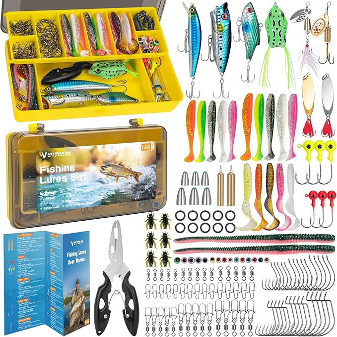 WITOROR Fishing Lures, Tackle Box with Tackle Included, Crankbaits, Spoon, Hooks, Weights & Other Accessories, Fishing Bait Lure Gear Kit Gifts for Men Bass Freshwater