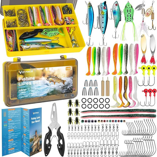 WITOROR Fishing Lures, Tackle Box with Tackle Included, Crankbaits, Spoon, Hooks, Weights & Other Accessories, Fishing Bait Lure Gear Kit Gifts for Men Bass Freshwater