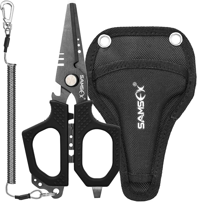 SAMSFX 6.5in Fishing Scissors with Non-Slip Grip Handles and Micro Serrated Edges, Multi-Function Shears with Nylon Sheath