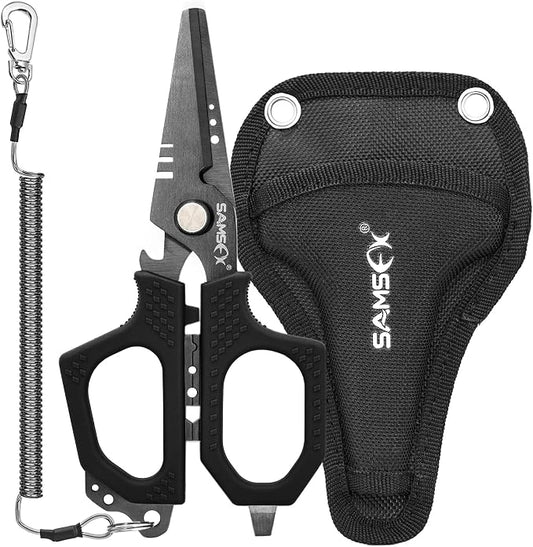 SAMSFX 6.5in Fishing Scissors with Non-Slip Grip Handles and Micro Serrated Edges, Multi-Function Shears with Nylon Sheath