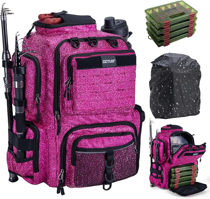 Goture Fishing Backpack with 4 Tackle Boxes,900D Water-Resistant Tackle Backpack with Rod Holders,45L Large Fishing Bag Storage Gear Tackle Bag with Rain Cover,Lure Pockets for Travel Camping Hiking