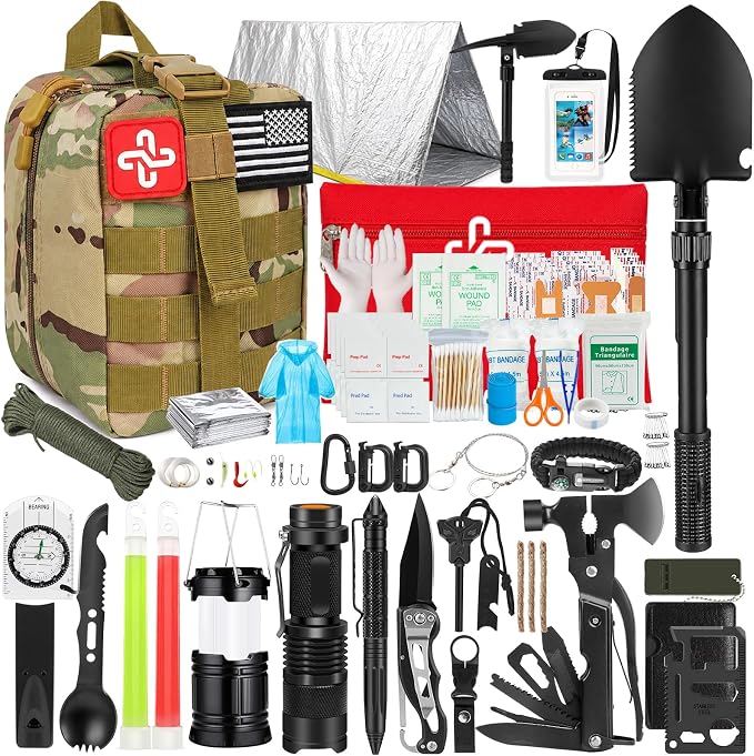 Survival Kit, 250Pcs Survival Gear First Aid Kit with Molle System Compatible Bag and Emergency Tent, Emergency Kit for Earthquake, Outdoor Adventure, Hiking, Hunting, Gifts for Men Women