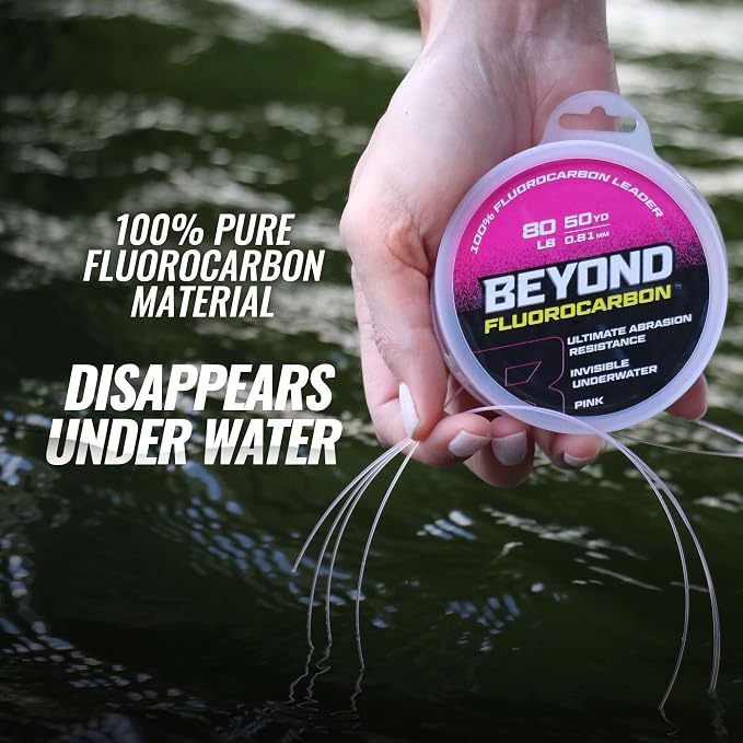 Beyond Fluorocarbon Leader Fishing Line - 100% Pure Fluorocarbon Leader Material - Highly Abrasion Reistant - Invisible Underwater- Shock Resistant - Incredible Knot Strength 50 Yard Spool