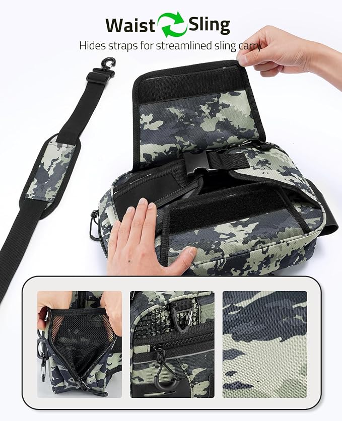 CVLIFE Fishing Tackle Bag Waist Pack with Rod Holder, Water Resistant Fanny Pack Includes 3600 Tackle Box, Waterproof Pouch & Carabiners, Convertible Sling Bag with Net Holster for Gear