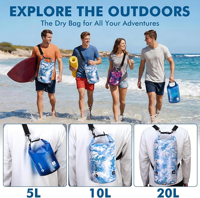 VILLEY Dry Bag Waterproof 5L Roll Top Storage Backpack, Keeps Gear Dry Lightweight Backpack for Kayaking Boating Camping Swimming and Beach Accessories Blue Transparent
