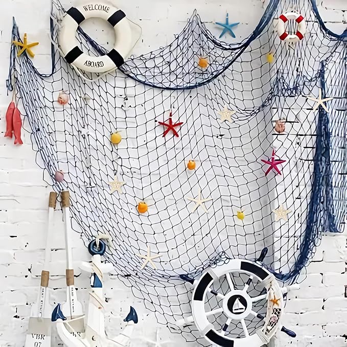Fangoo 79x39 Inch Nautical Fishing Net Wall Decorations for Under the Sea Party with Shells and Starfish Crafts Bathroom Ceiling Table Decor for Beach Ocean Pirate Wedding Themed Party (blue)