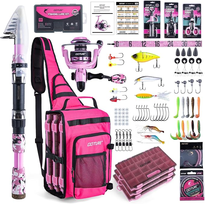 Goture OpenSide Tactical Sling Tackle Bag with Pink Fishing Rod & 3 3700 Tackle Trays, 8FT Fishing Rod and Reel Combo, Lightweight Fishing Backpack Storge Fishing Gear Gift for women