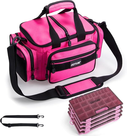 Goture Fishing Tackle Bag with 4 Tackle Boxes, Soft Side 600D Water-Resistant Cross Body Sling Fishing Bag, Small Saltwater Gear Storage Tactical Bags, Gifts for Men/Women (15.75"x9.45"x8.27")