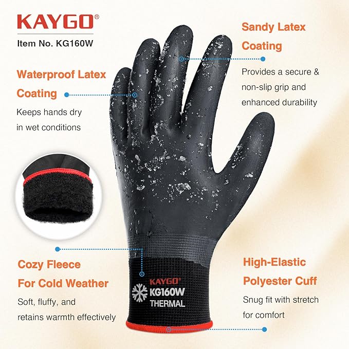 KAYGO Winter Waterproof Work Gloves for Men and Women, Thermal Insulated Freezer Rubber Coated Gloves,Super Grip,KG160 (M, Black)