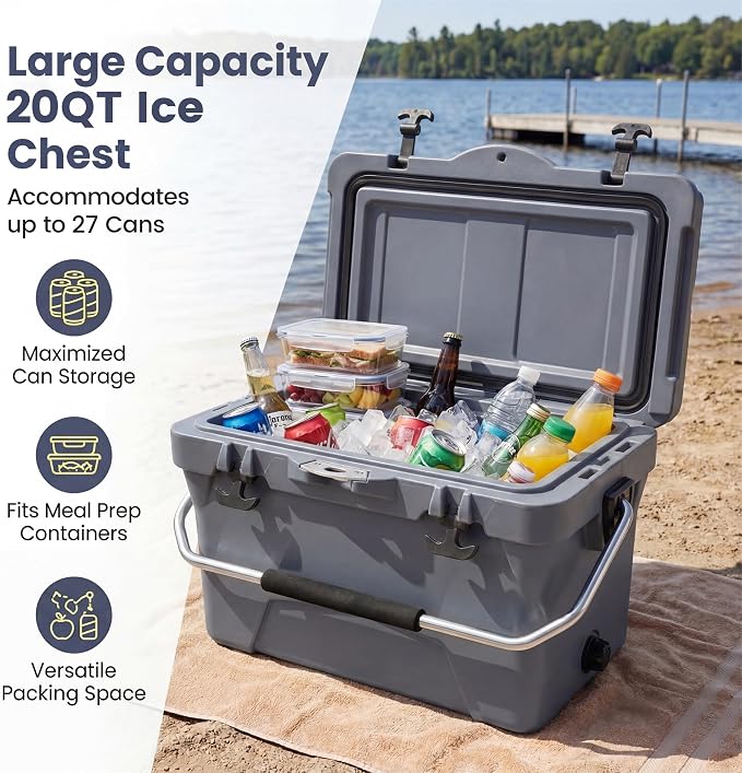 COSTWAY Portable Insulated Hard Cooler – Keeps Ice Up to 6 Days, Heavy-Duty Outdoor Ice Chest with Cup Holders, Built-in Fish Ruler & Bottle Opener for Camping, Fishing, Beach, Tailgating