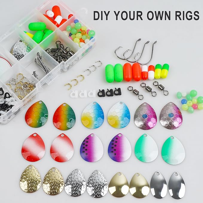 Walleye Rig Making Kit,205pcs DIY Lure Making Supplies Parts for Crawler Harness Walleye Spinner Rigs Colorado Blades Pompano Floats Clevises Beads Hooks Spinner Lure Making Kit
