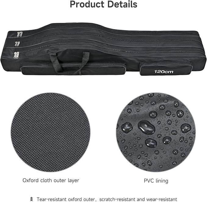 LEOFISHING Portable 3 Layers Fishing Pole Bag Durable Oxford Folding Fishing Rod Reel Carry Case Tackle Storage Bag Case Waterproof Camouflage Travel Fishing Carrier (Black, 120cm/47)