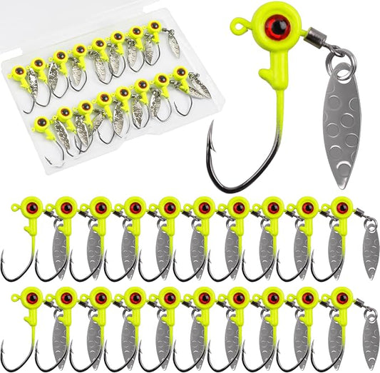 Crappie Jig Heads Fishing Lures Kit, 15pcs Underspin Jig Heads with Spinner Blade Crappie Lures Eye Ball Head Painted Fishing Jigs for Bass, Trout, Panfish, Sunfish