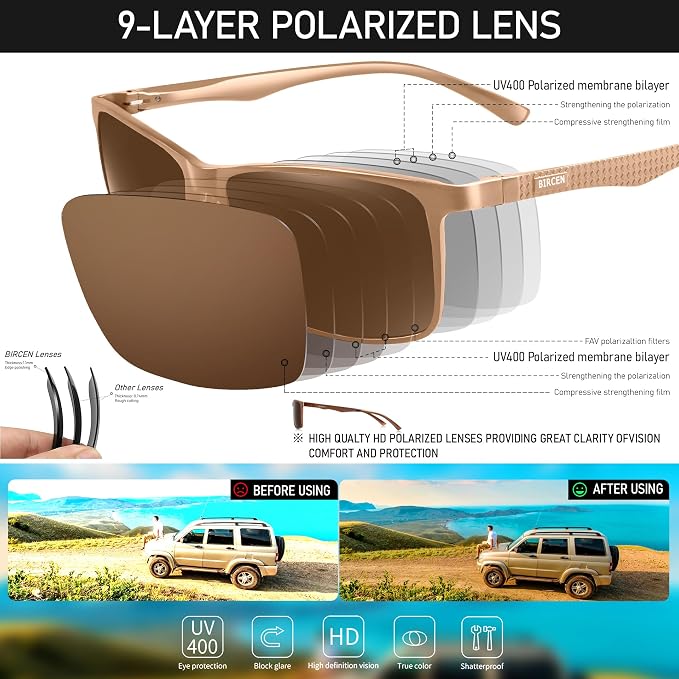 BIRCEN Polarized Mens Sunglasses for Driving: UV Protection Al-Mg Metal Sunglasses Lightweight Shades for Fishing Travel Golf