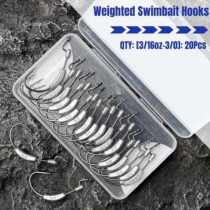 20Pcs Weighted Bass Fishing Hooks Set, Customized Swimbait Hooks Wide Gap Weedless Worm Fish Hook with Molded Bait Keeper 1/0 2/0 3/0 4/0
